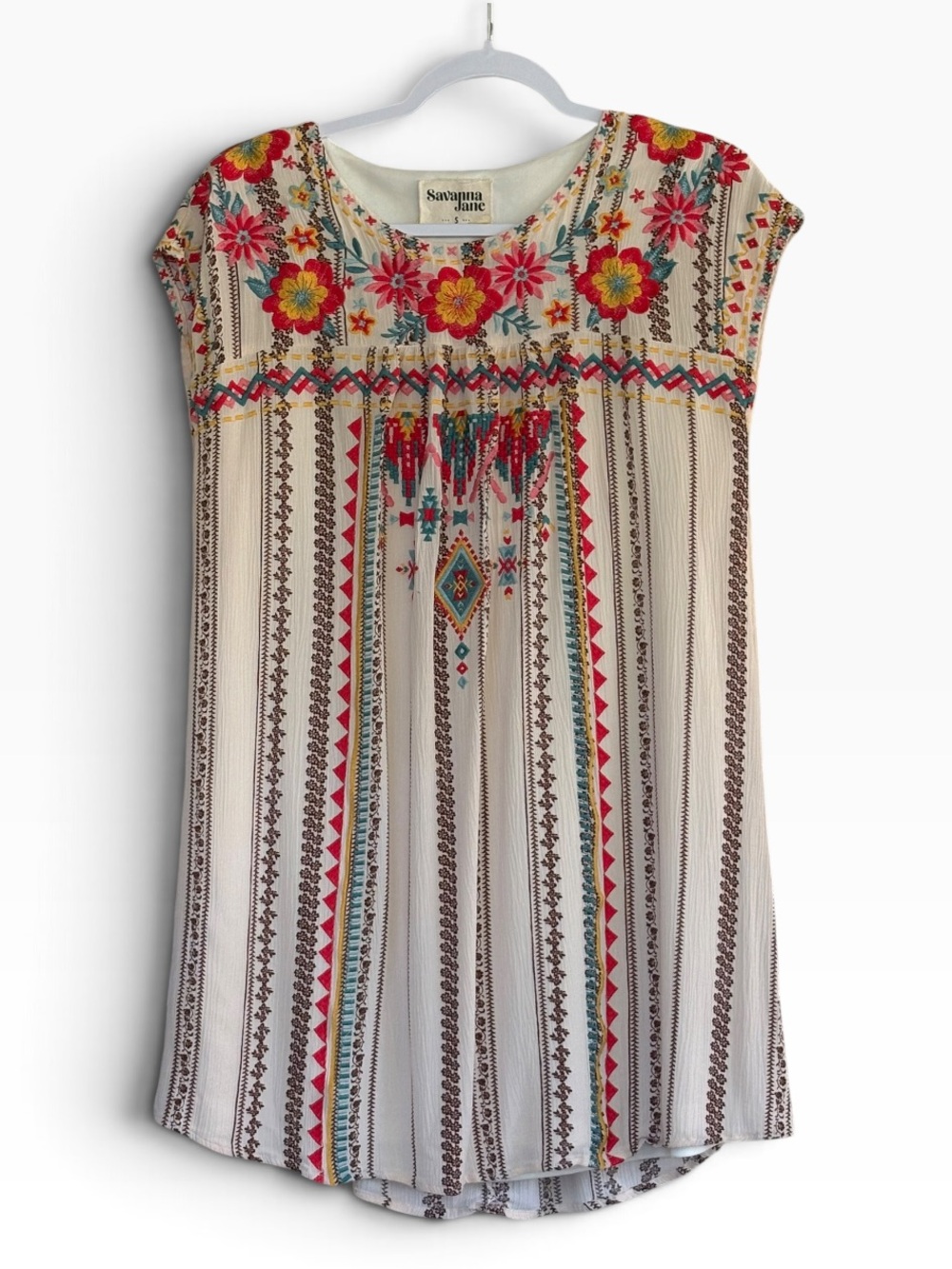 Savanna Jane Cream Embroidered Midi Shift Dress  Floral Accents Size S
